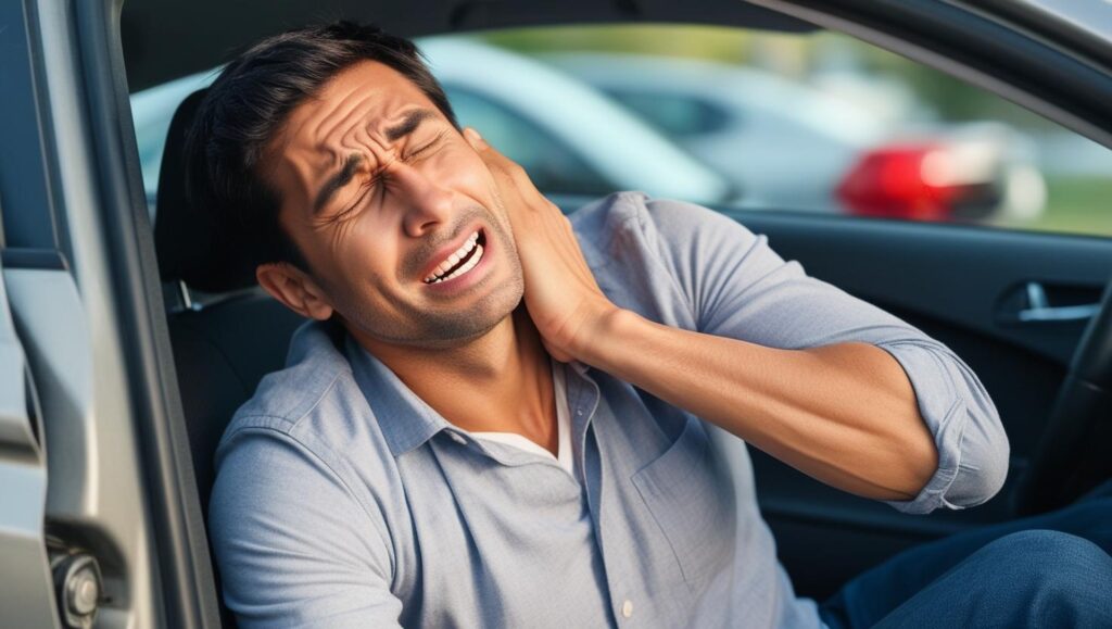 whiplash injury man after car accident holding neck